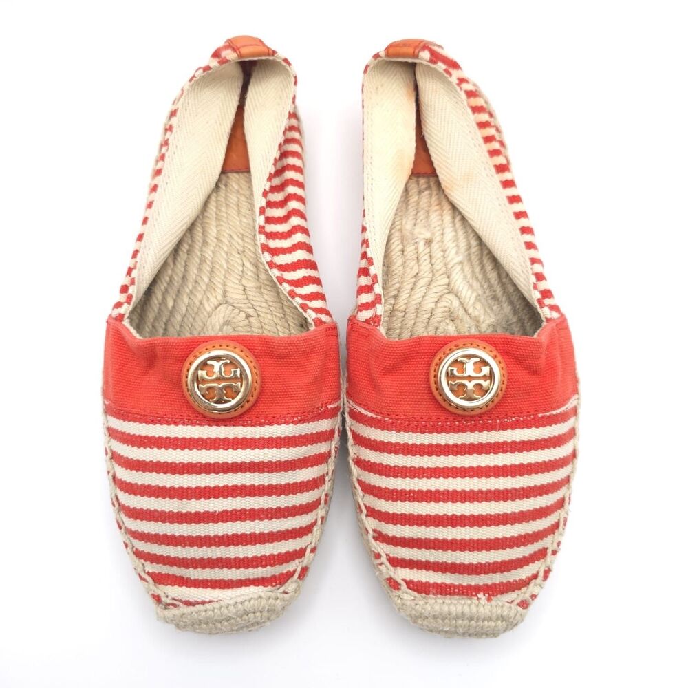 Tory‎ Burch Striped Canvas Espadrilles Red Cream Logo Round Toe Flat Shoes 8